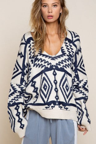 Southwest White & Blue V-Neck Sweater