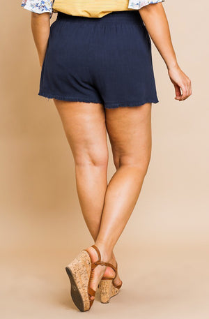 Plus-Size Navy Linen High Waist Shorts
