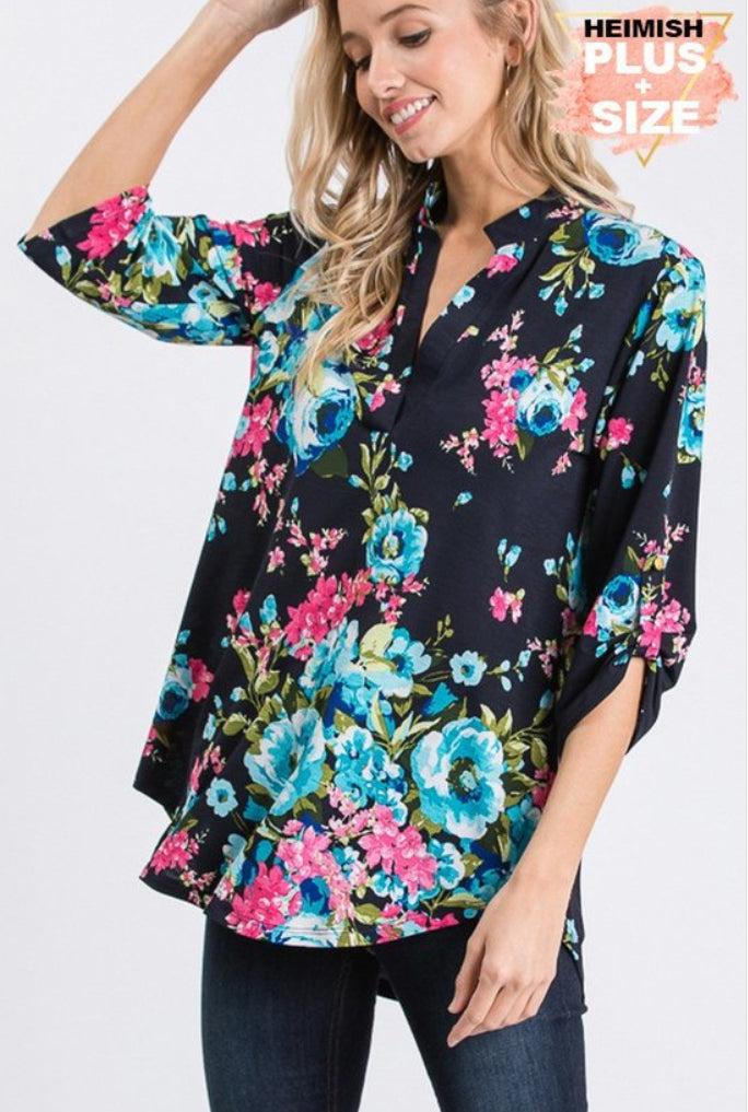 Plus Size Large Floral 3/4 Sleeve Top
