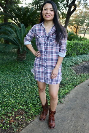 Plaid Tunic Dress with Frayed Hem