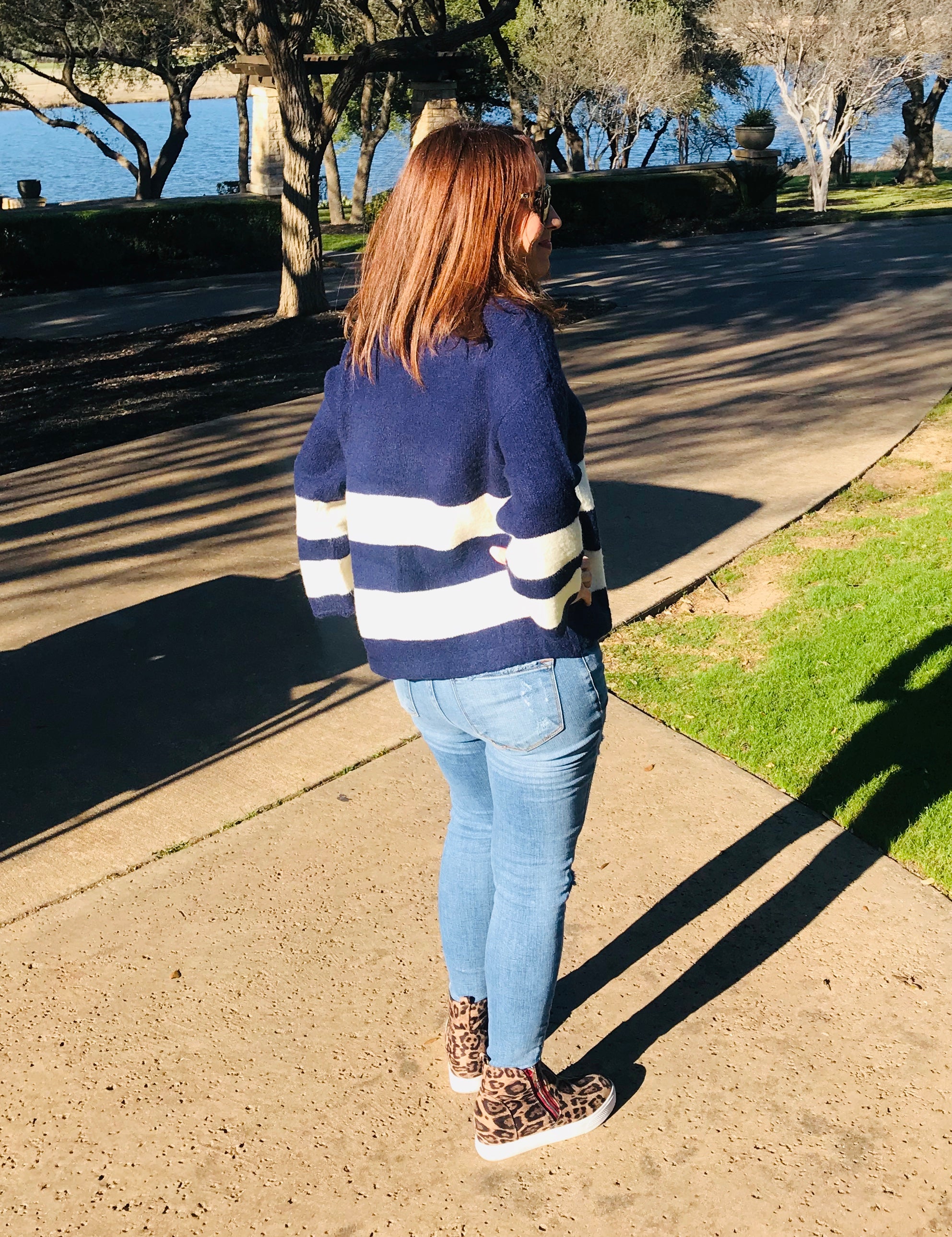 Navy and Ivory Stripe Color Block Sweater