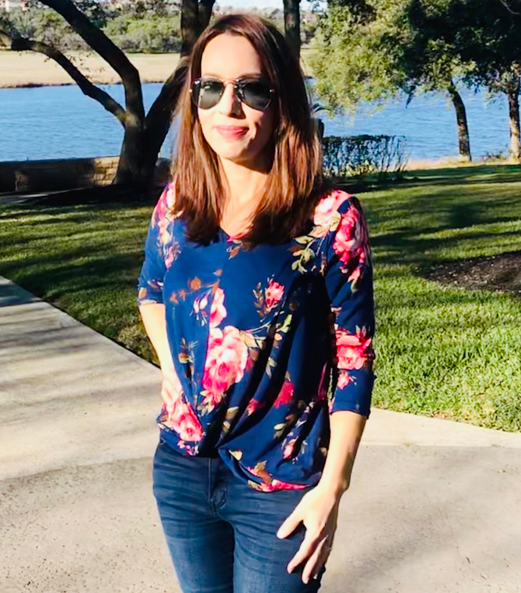 Navy Blue Floral Knot Top