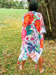 Large Floral Print Tassels Kimono