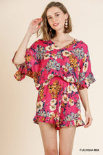 Floral Print Short Sleeve Ruffle Jumpsuit