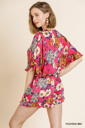 Floral Print Short Sleeve Ruffle Jumpsuit